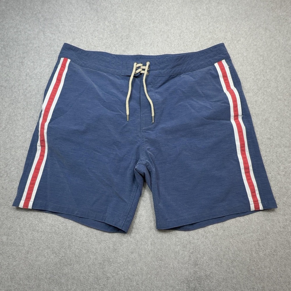 Faherty Retro Surf Stripe Board Shorts Mens 38 Blue Drawstring Swim Outdoor